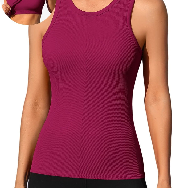 ANFERRY Ribbed Workout Tank Tops for Women Seamless Full Length Athletic Camisole with Built in Bra