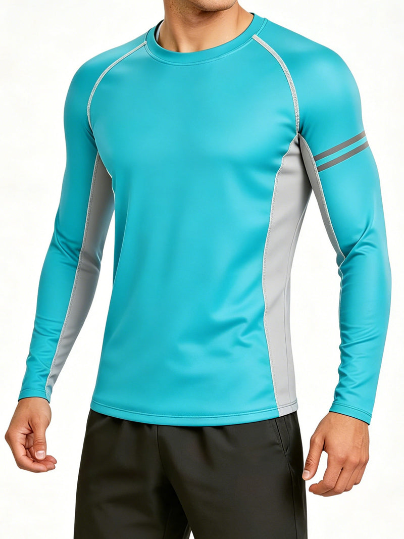 ANFERRY Men Swim Shirts Quick Dry UPF50+ Sun Protection Athletic Rash Guards Long Sleeve Color Block Swimwear
