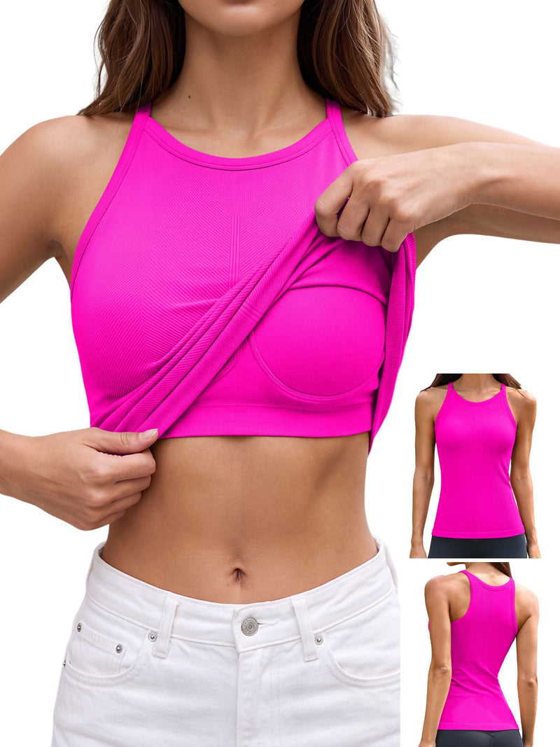 ANFERRY Women's Fitting Seamless Tank Tops Ribbed Crew Neck Racerback Workout Camisoles with Built in Bra