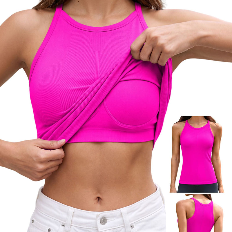 ANFERRY Women's Fitting Seamless Tank Tops Ribbed Crew Neck Racerback Workout Camisoles with Built in Bra