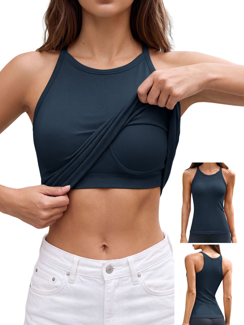 ANFERRY Women's Fitting Seamless Tank Tops Ribbed Crew Neck Racerback Workout Camisoles with Built in Bra