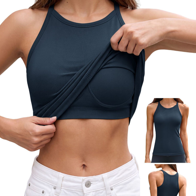 ANFERRY Women's Fitting Seamless Tank Tops Ribbed Crew Neck Racerback Workout Camisoles with Built in Bra