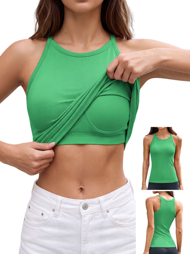 ANFERRY Women's Fitting Seamless Tank Tops Ribbed Crew Neck Racerback Workout Camisoles with Built in Bra