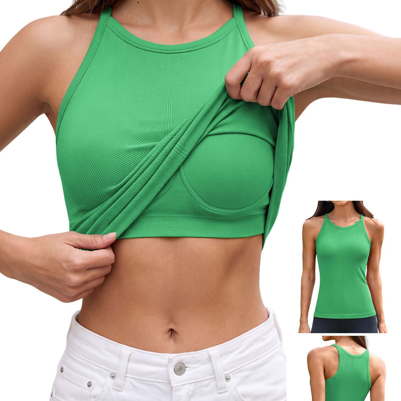 ANFERRY Women's Fitting Seamless Tank Tops Ribbed Crew Neck Racerback Workout Camisoles with Built in Bra