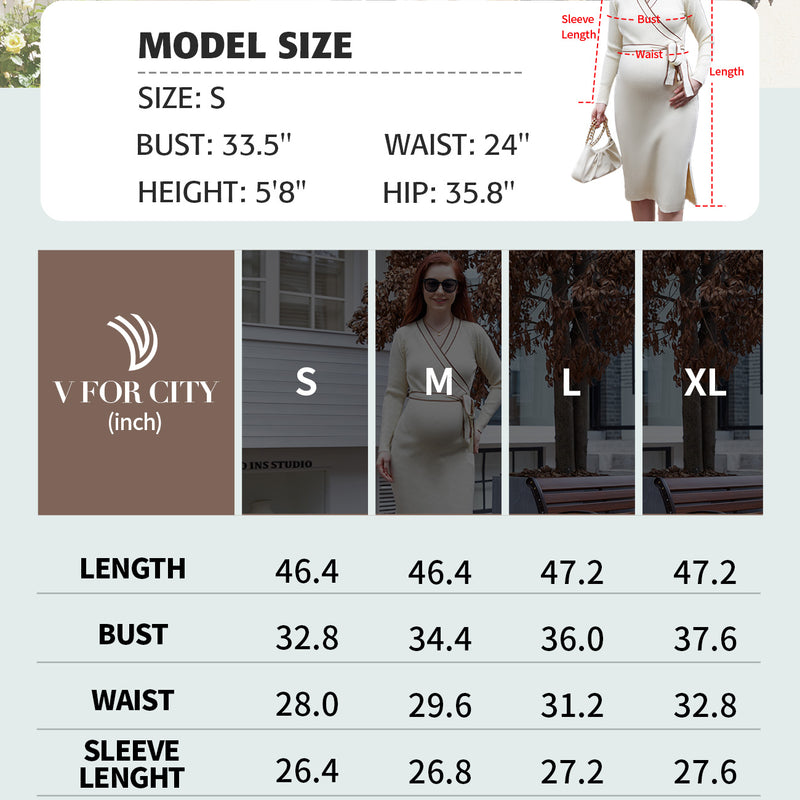 V FOR CITY Maternity Sweater Dress Long Sleeve Wrap V Neck Knit Pregnancy Dresses for Baby Shower Photoshoot Outfits