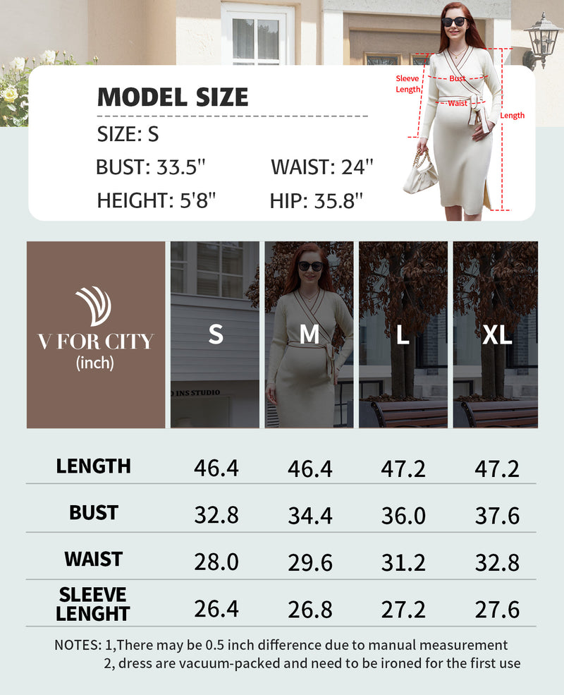 V FOR CITY Maternity Sweater Dress Long Sleeve Wrap V Neck Knit Pregnancy Dresses for Baby Shower Photoshoot Outfits