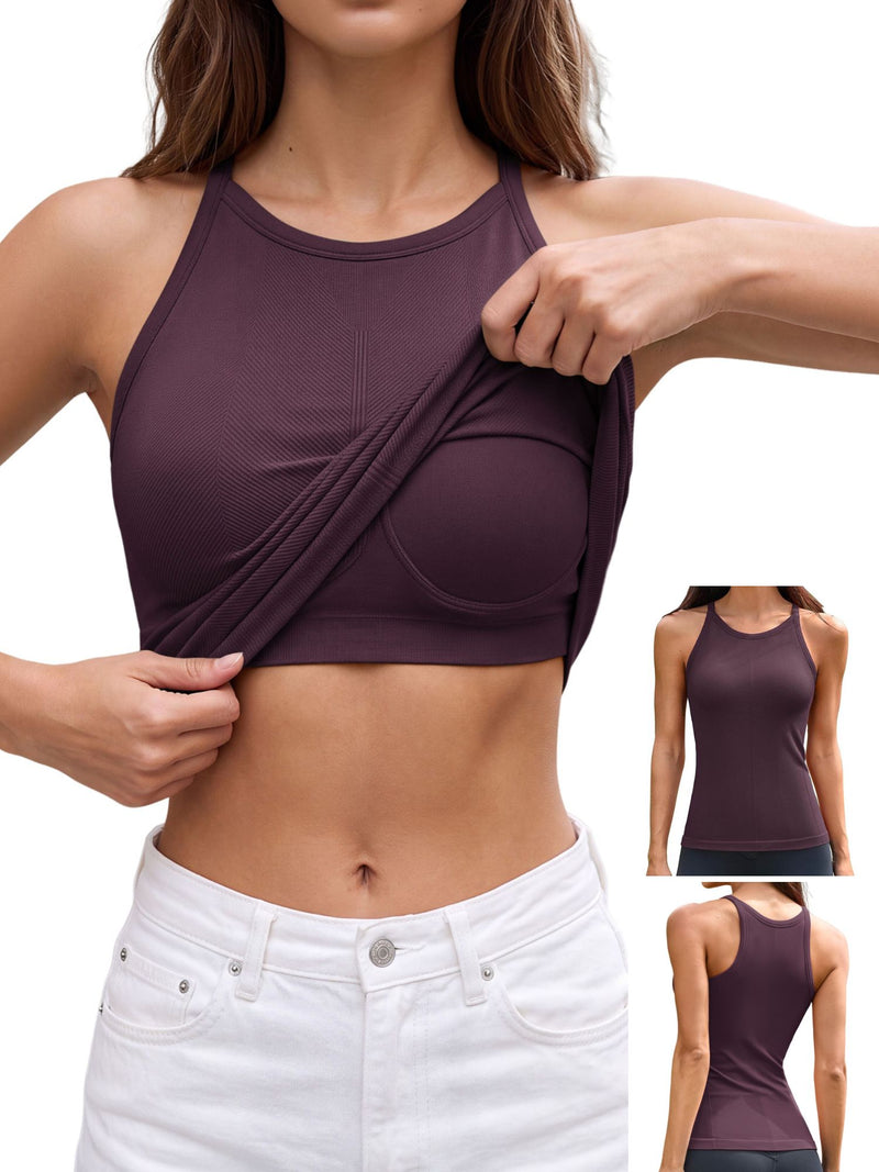 ANFERRY Women's Fitting Seamless Tank Tops Ribbed Crew Neck Racerback Workout Camisoles with Built in Bra