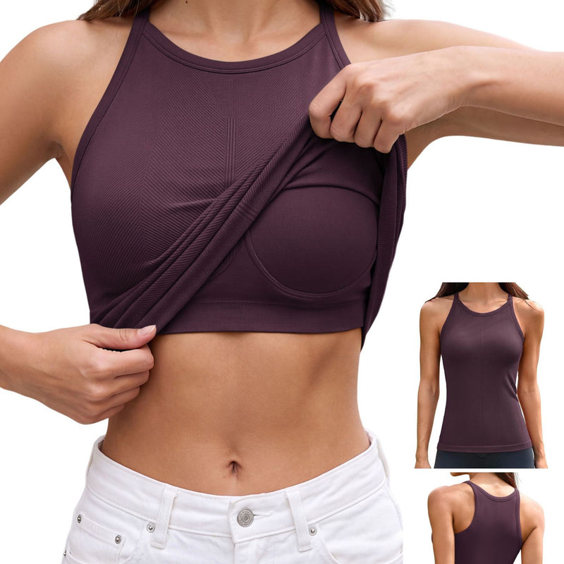 ANFERRY Women's Fitting Seamless Tank Tops Ribbed Crew Neck Racerback Workout Camisoles with Built in Bra