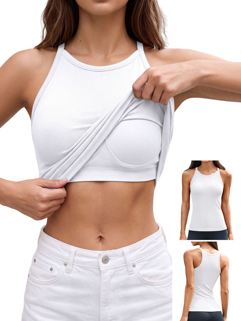 ANFERRY Women's Fitting Seamless Tank Tops Ribbed Crew Neck Racerback Workout Camisoles with Built in Bra