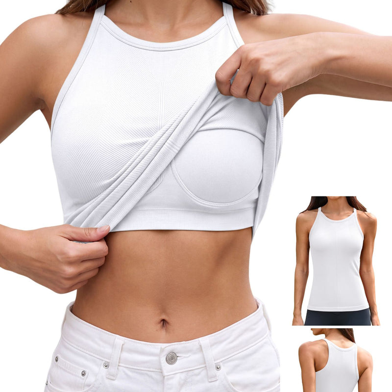 ANFERRY Women's Fitting Seamless Tank Tops Ribbed Crew Neck Racerback Workout Camisoles with Built in Bra