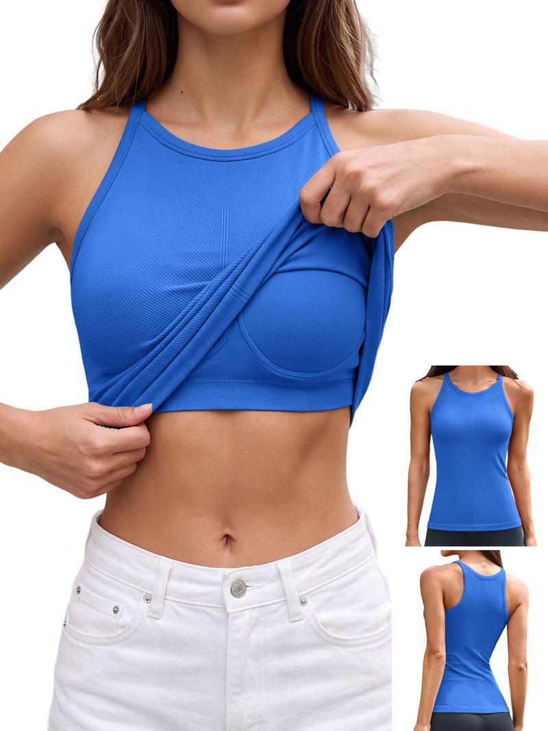 ANFERRY Women's Fitting Seamless Tank Tops Ribbed Crew Neck Racerback Workout Camisoles with Built in Bra
