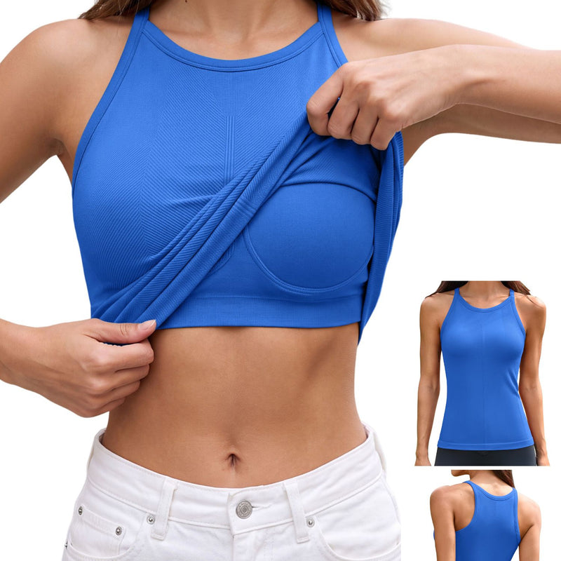 ANFERRY Women's Fitting Seamless Tank Tops Ribbed Crew Neck Racerback Workout Camisoles with Built in Bra