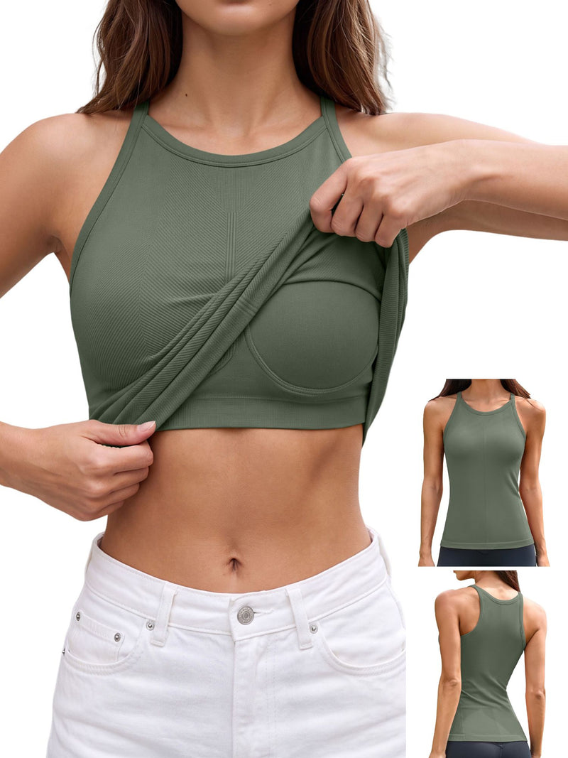 ANFERRY Women's Fitting Seamless Tank Tops Ribbed Crew Neck Racerback Workout Camisoles with Built in Bra