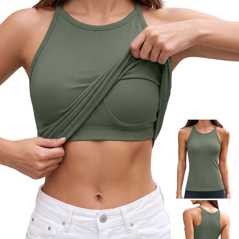 ANFERRY Women's Fitting Seamless Tank Tops Ribbed Crew Neck Racerback Workout Camisoles with Built in Bra
