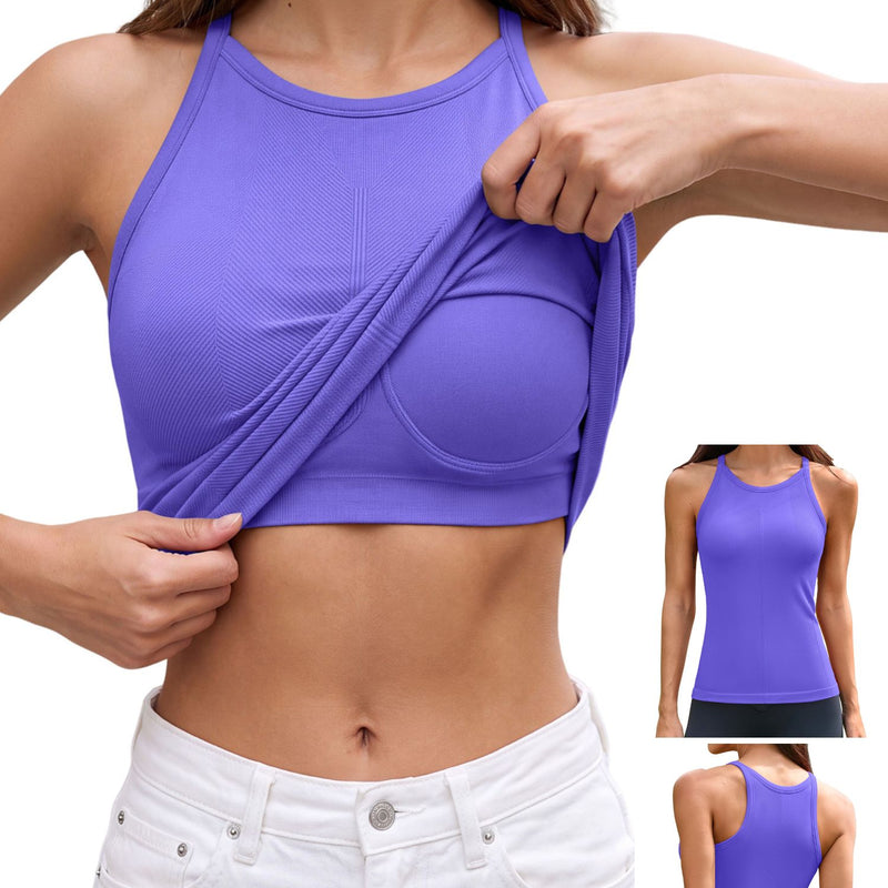 ANFERRY Women's Fitting Seamless Tank Tops Ribbed Crew Neck Racerback Workout Camisoles with Built in Bra