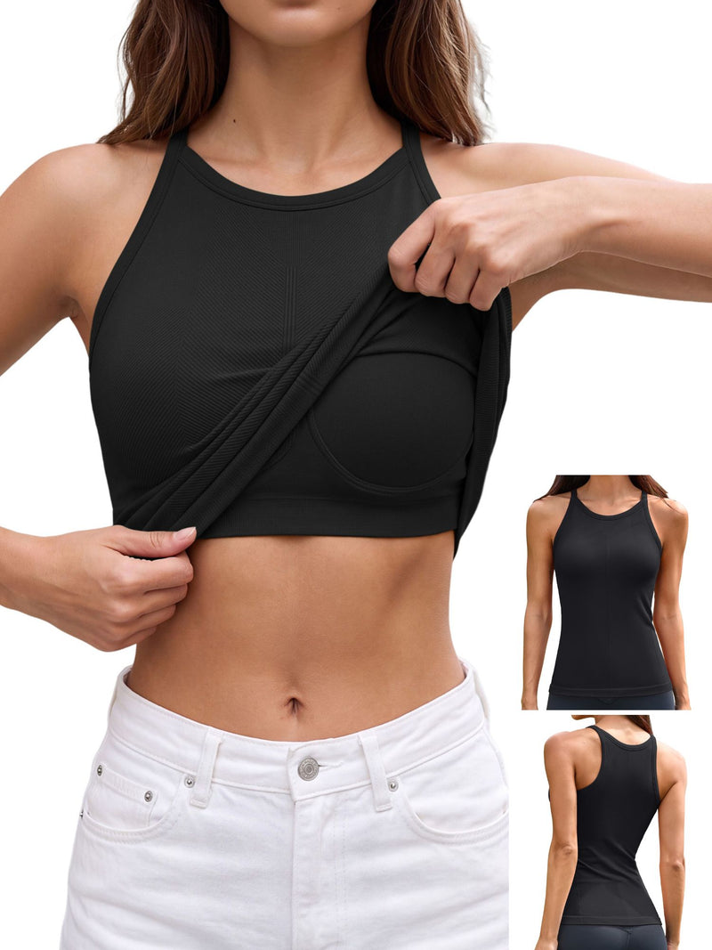 ANFERRY Women's Fitting Seamless Tank Tops Ribbed Crew Neck Racerback Workout Camisoles with Built in Bra