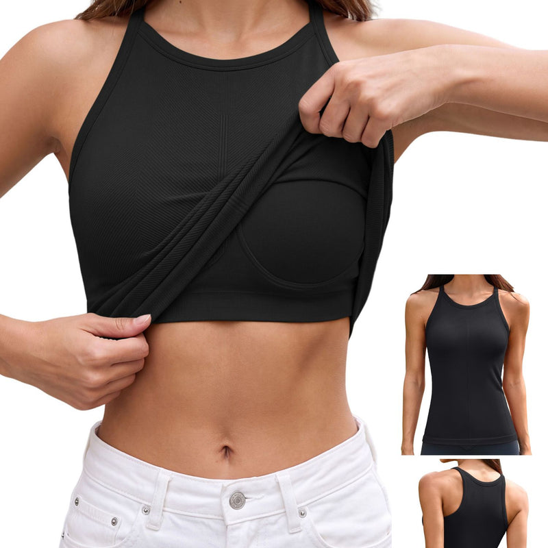 ANFERRY Women's Fitting Seamless Tank Tops Ribbed Crew Neck Racerback Workout Camisoles with Built in Bra