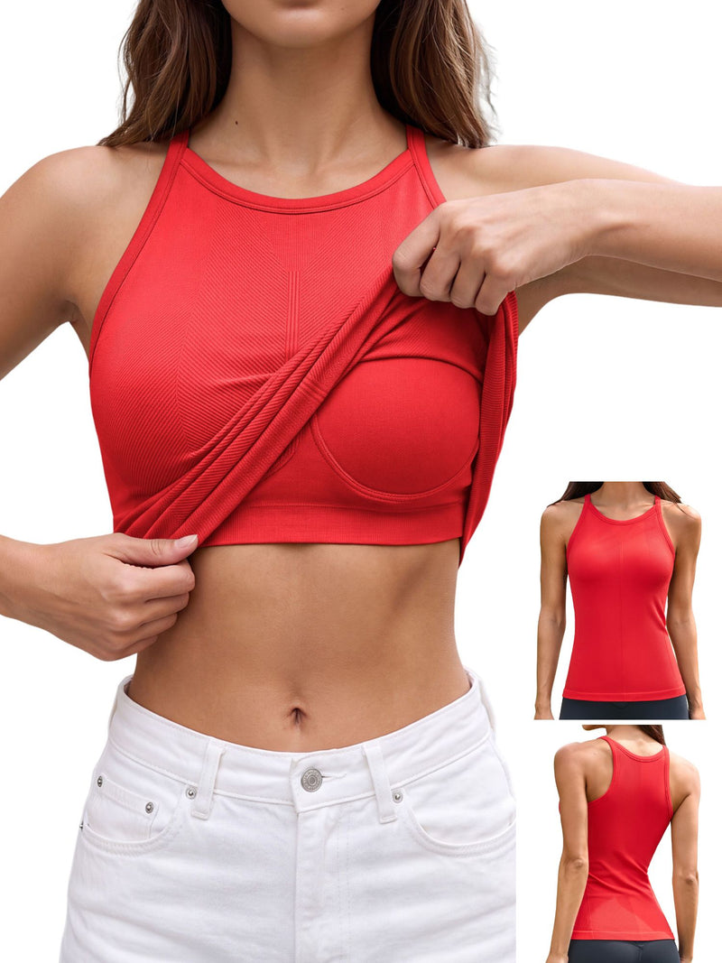 ANFERRY Women's Fitting Seamless Tank Tops Ribbed Crew Neck Racerback Workout Camisoles with Built in Bra