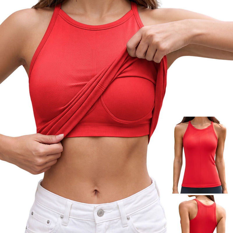 ANFERRY Women's Fitting Seamless Tank Tops Ribbed Crew Neck Racerback Workout Camisoles with Built in Bra