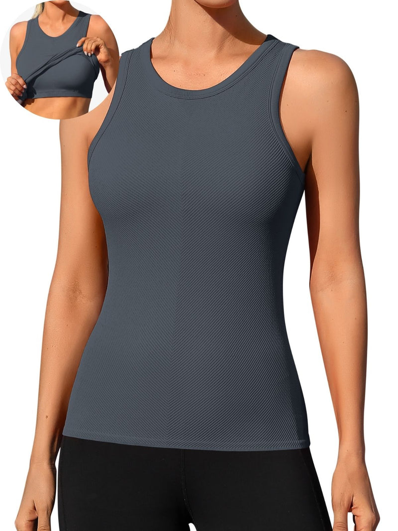 ANFERRY Ribbed Workout Tank Tops for Women Seamless Full Length Athletic Camisole with Built in Bra