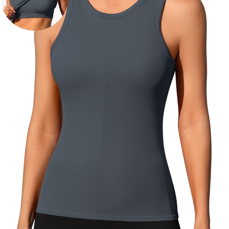 ANFERRY Ribbed Workout Tank Tops for Women Seamless Full Length Athletic Camisole with Built in Bra