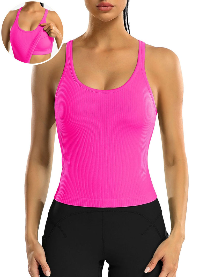 ANFERRY Ribbed Athletic Tank Tops for Women with Built in Bra Racerback Seamless Scoop Neck Workout Camis Top