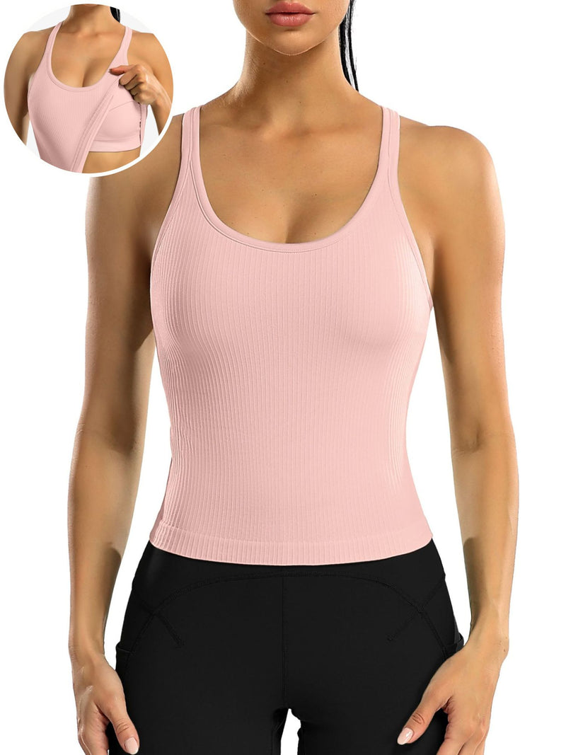 ANFERRY Ribbed Athletic Tank Tops for Women with Built in Bra Racerback Seamless Scoop Neck Workout Camis Top
