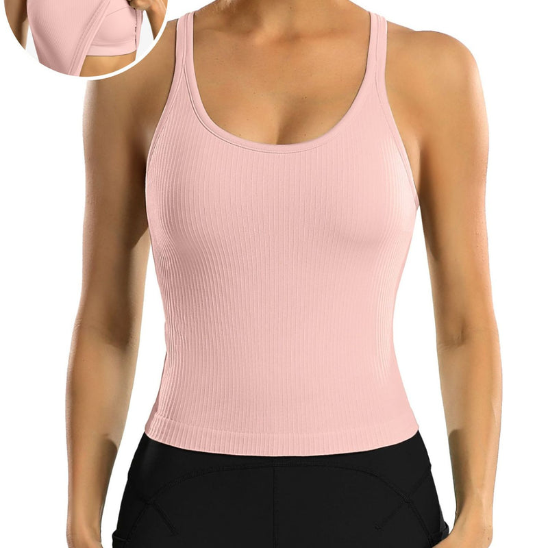 ANFERRY Ribbed Athletic Tank Tops for Women with Built in Bra Racerback Seamless Scoop Neck Workout Camis Top