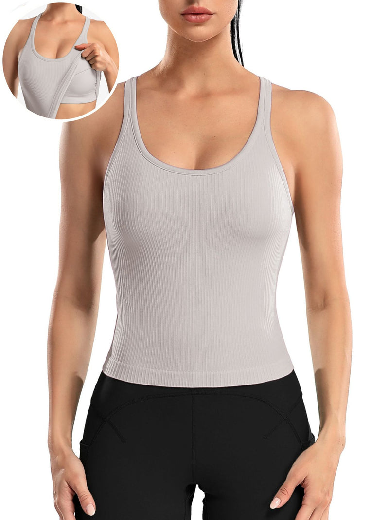 ANFERRY Ribbed Athletic Tank Tops for Women with Built in Bra Racerback Seamless Scoop Neck Workout Camis Top