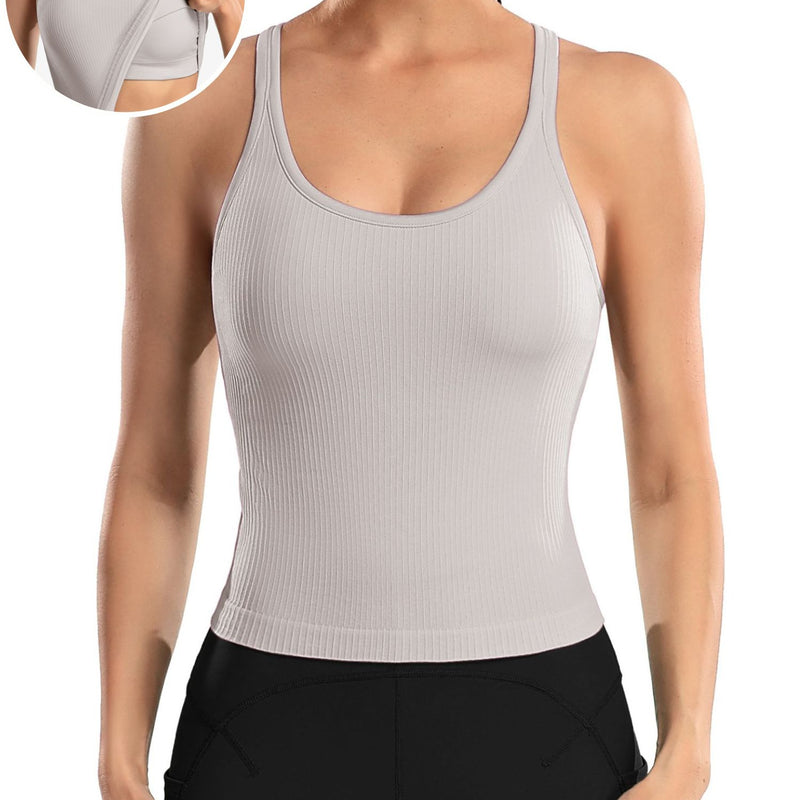 ANFERRY Ribbed Athletic Tank Tops for Women with Built in Bra Racerback Seamless Scoop Neck Workout Camis Top