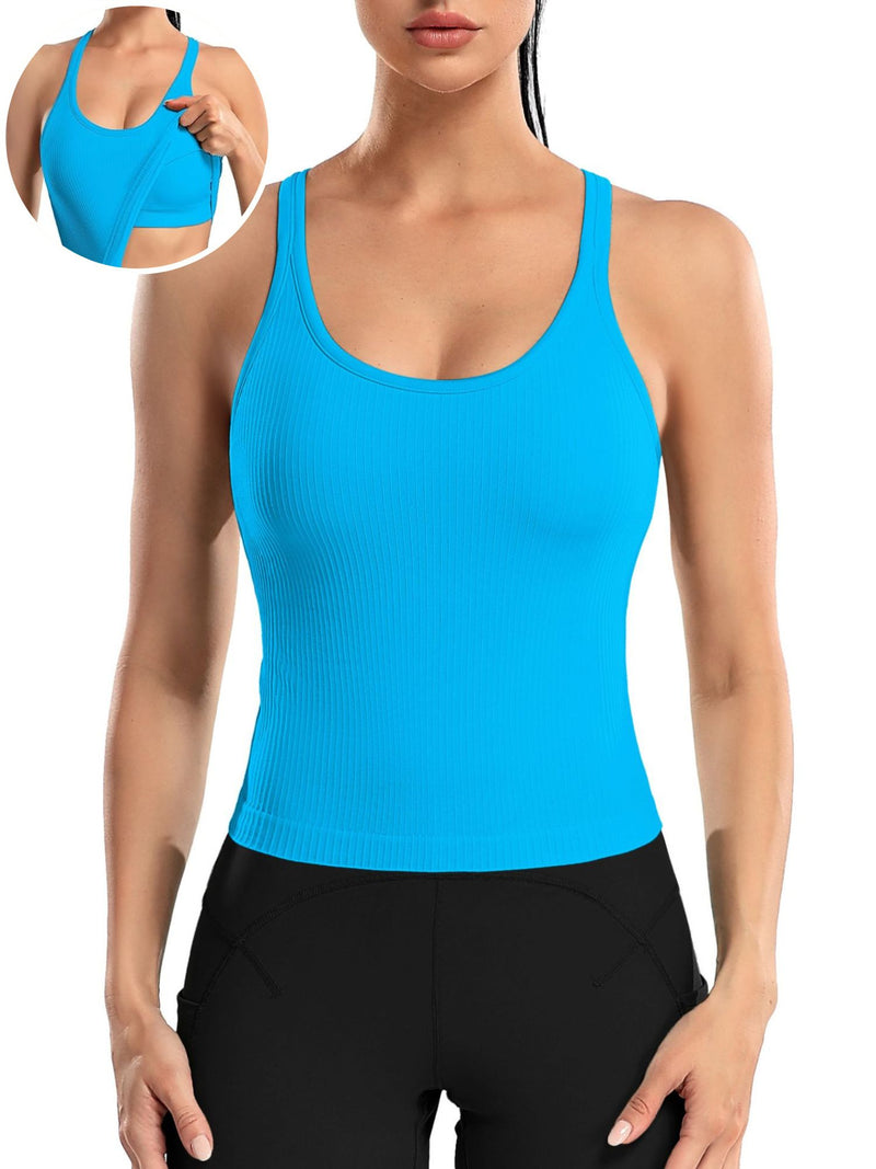 ANFERRY Ribbed Athletic Tank Tops for Women with Built in Bra Racerback Seamless Scoop Neck Workout Camis Top