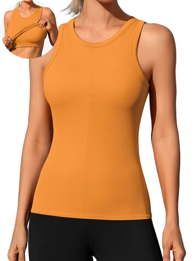 ANFERRY Ribbed Workout Tank Tops for Women Seamless Full Length Athletic Camisole with Built in Bra