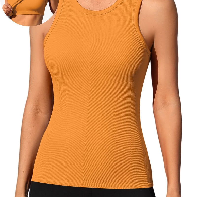 ANFERRY Ribbed Workout Tank Tops for Women Seamless Full Length Athletic Camisole with Built in Bra