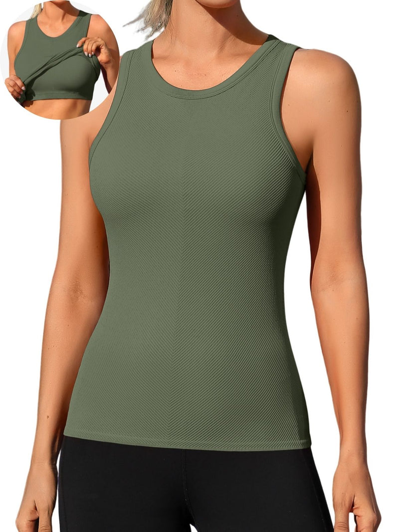 ANFERRY Ribbed Workout Tank Tops for Women Seamless Full Length Athletic Camisole with Built in Bra