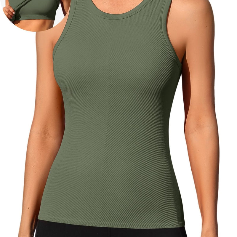 ANFERRY Ribbed Workout Tank Tops for Women Seamless Full Length Athletic Camisole with Built in Bra