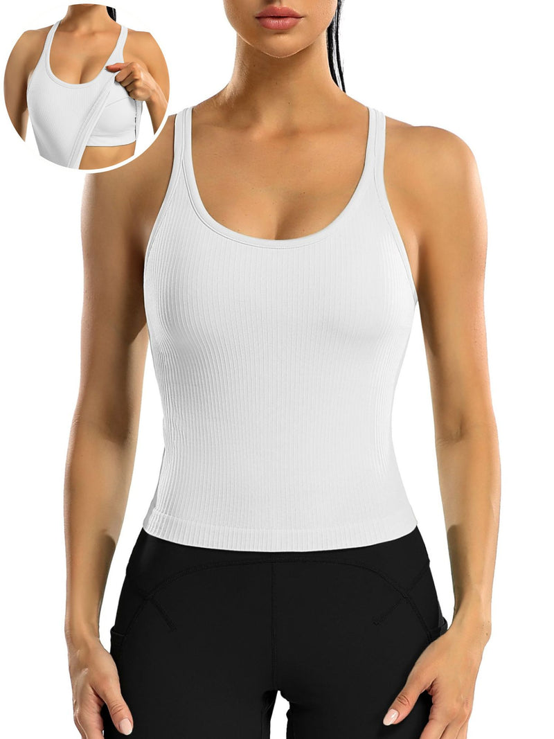 ANFERRY Ribbed Athletic Tank Tops for Women with Built in Bra Racerback Seamless Scoop Neck Workout Camis Top