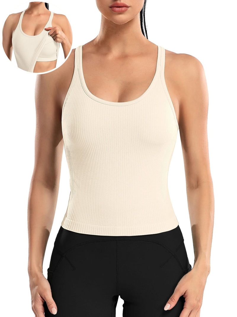 ANFERRY Ribbed Athletic Tank Tops for Women with Built in Bra Racerback Seamless Scoop Neck Workout Camis Top