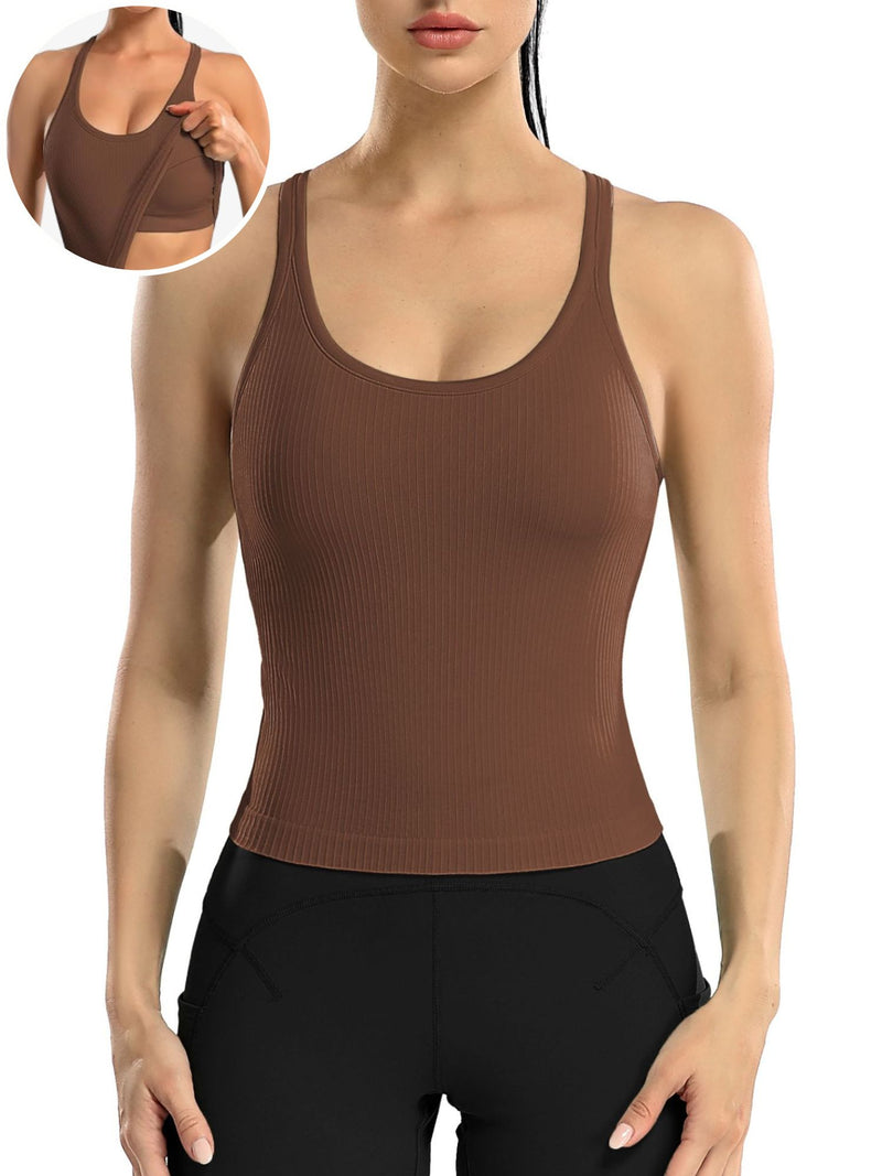 ANFERRY Ribbed Athletic Tank Tops for Women with Built in Bra Racerback Seamless Scoop Neck Workout Camis Top