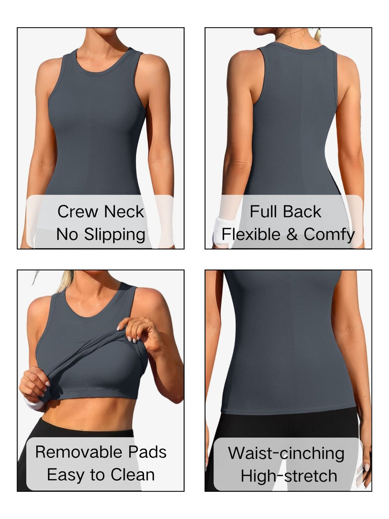 ANFERRY Ribbed Workout Tank Tops for Women Seamless Full Length Athletic Camisole with Built in Bra