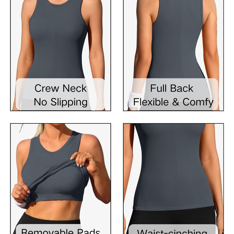 ANFERRY Ribbed Workout Tank Tops for Women Seamless Full Length Athletic Camisole with Built in Bra