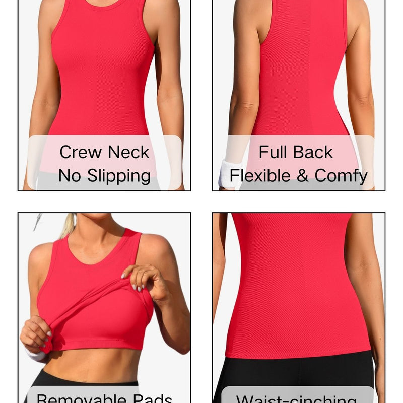 ANFERRY Ribbed Workout Tank Tops for Women Seamless Full Length Athletic Camisole with Built in Bra