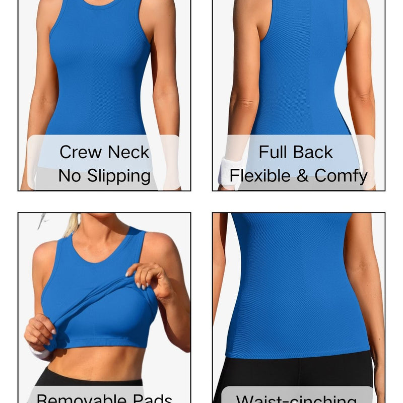 ANFERRY Ribbed Workout Tank Tops for Women Seamless Full Length Athletic Camisole with Built in Bra