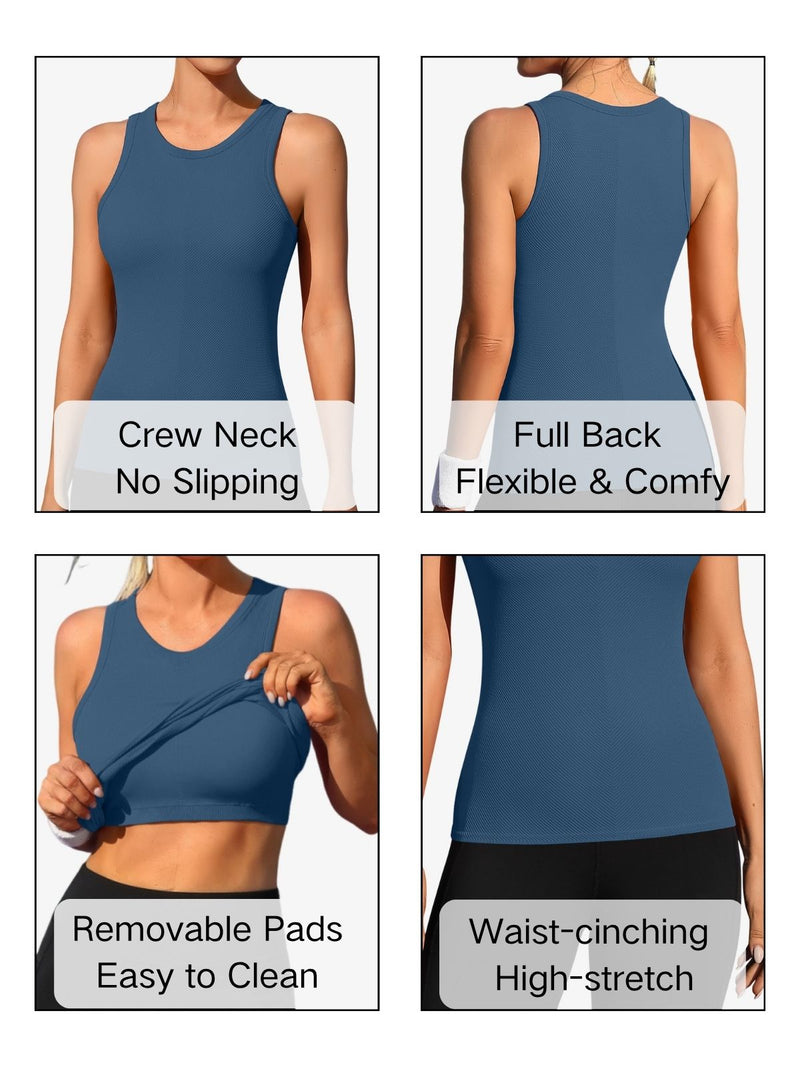ANFERRY Ribbed Workout Tank Tops for Women Seamless Full Length Athletic Camisole with Built in Bra
