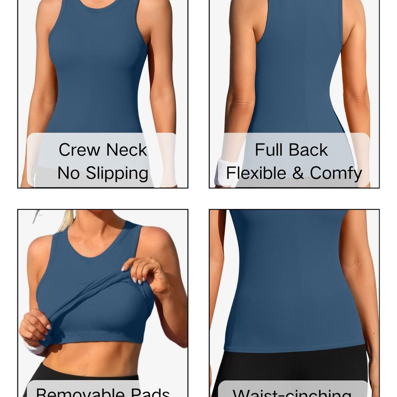 ANFERRY Ribbed Workout Tank Tops for Women Seamless Full Length Athletic Camisole with Built in Bra