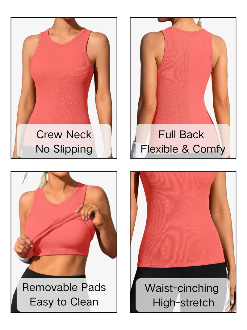 ANFERRY Ribbed Workout Tank Tops for Women Seamless Full Length Athletic Camisole with Built in Bra