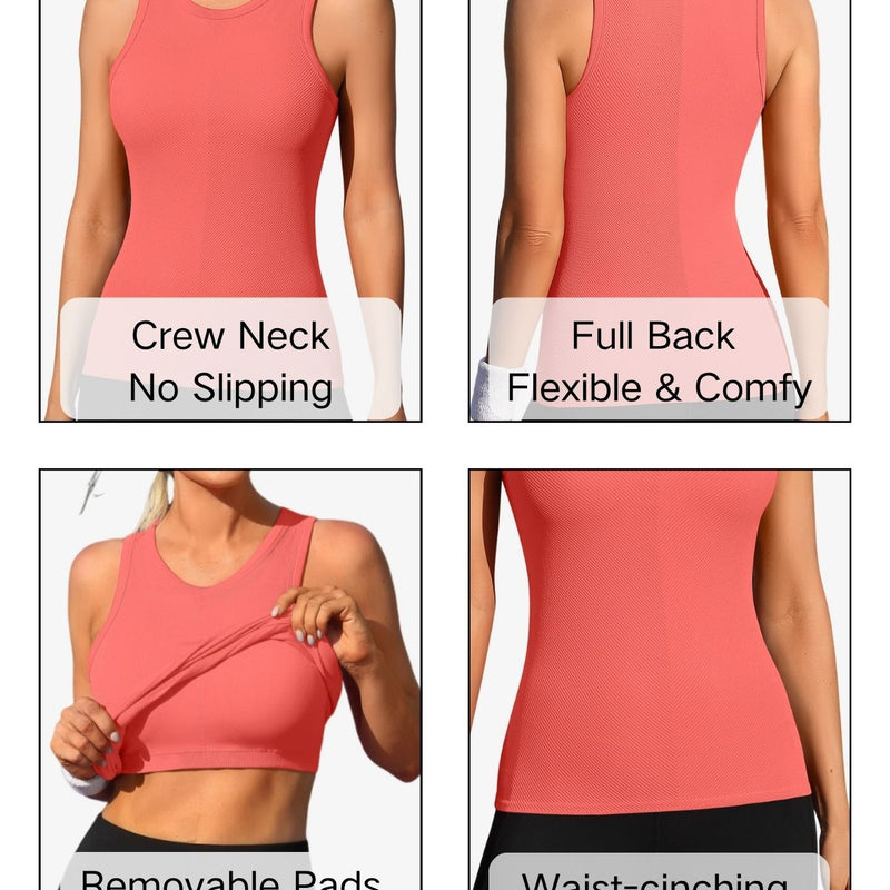 ANFERRY Ribbed Workout Tank Tops for Women Seamless Full Length Athletic Camisole with Built in Bra