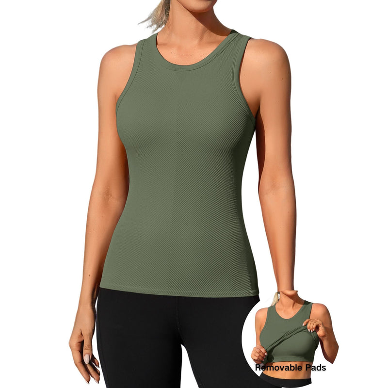ANFERRY Ribbed Workout Tank Tops for Women Seamless Full Length Athletic Camisole with Built in Bra