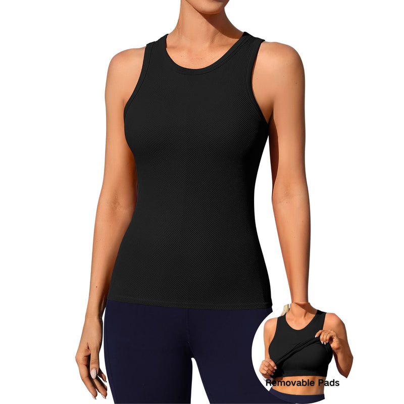 ANFERRY Ribbed Workout Tank Tops for Women Seamless Full Length Athletic Camisole with Built in Bra