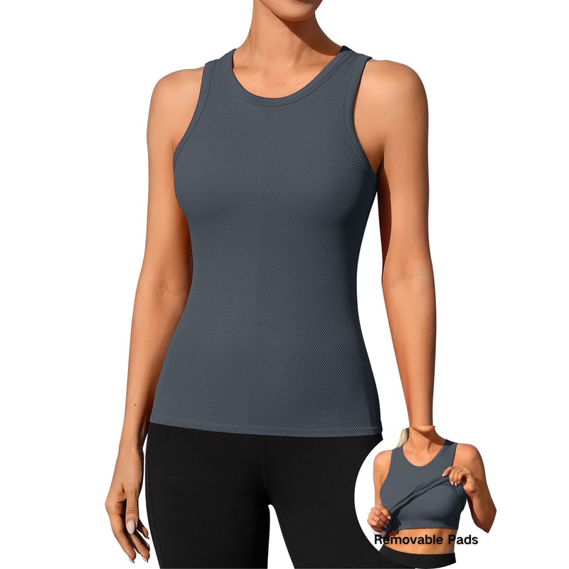 ANFERRY Ribbed Workout Tank Tops for Women Seamless Full Length Athletic Camisole with Built in Bra