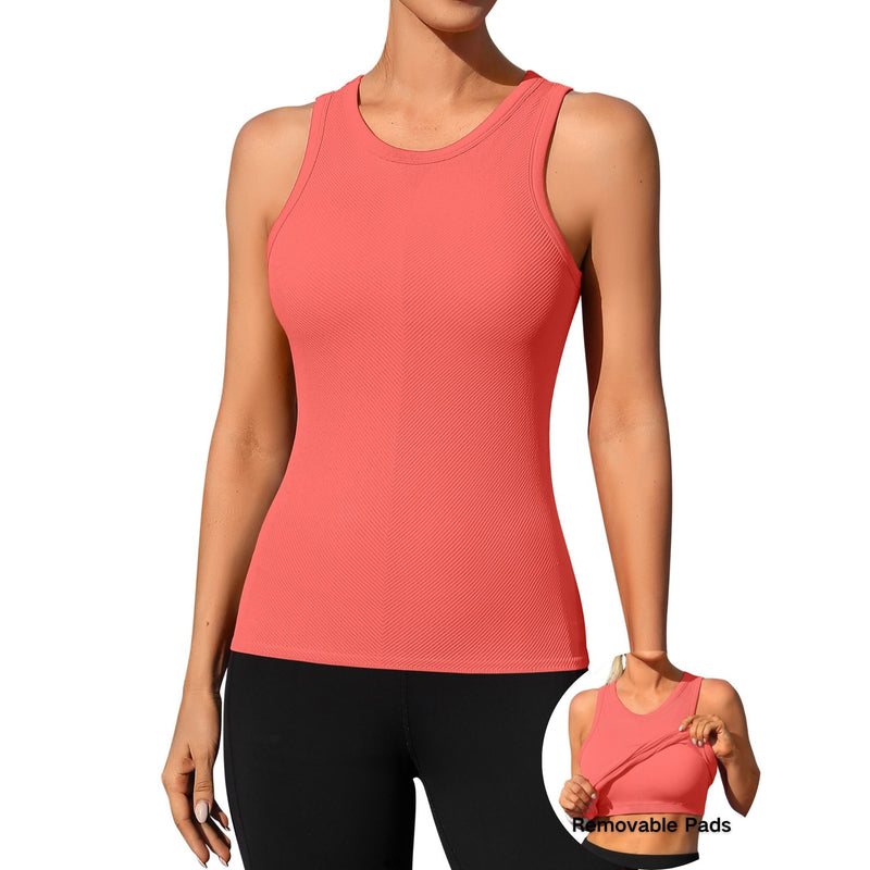 ANFERRY Ribbed Workout Tank Tops for Women Seamless Full Length Athletic Camisole with Built in Bra